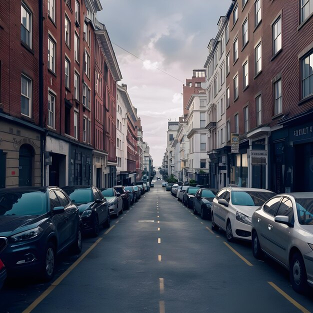 La calle debe estar alineada con otros coches estacionados y edificios foto