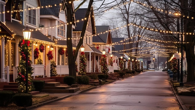 Calle decorada para Navidad con luces y guirnaldas.