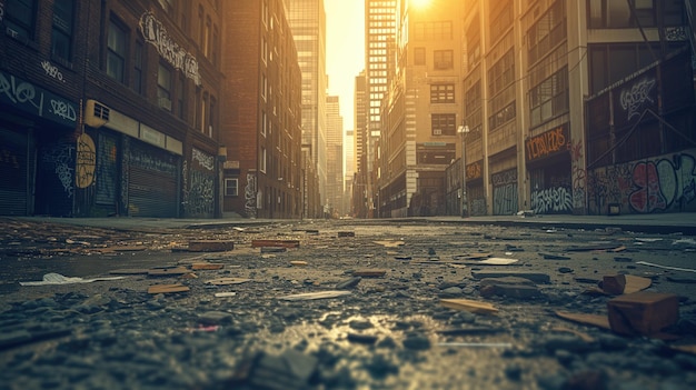 Foto calle desierta de la ciudad con basura y graffiti durante la puesta del sol