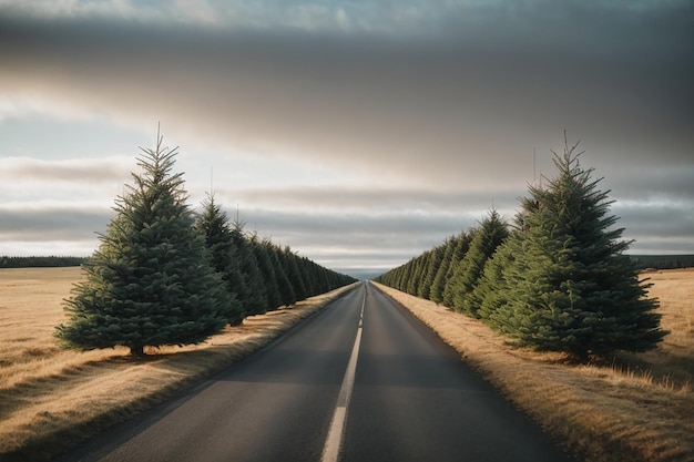 Una calle se divide en dos con árboles de Navidad y edificios coloridos en el fondo