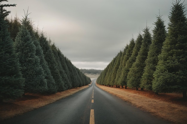 Una calle se divide en dos con árboles de Navidad y edificios coloridos en el fondo