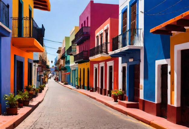 Foto una calle con un edificio colorido con un edificio de color arco iris en el fondo