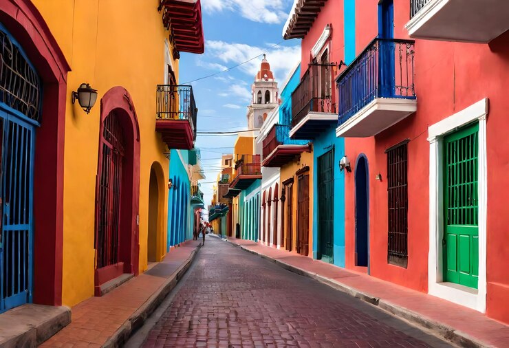 una calle con un edificio que tiene un reloj en él
