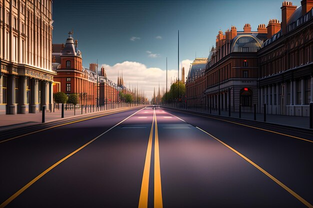 Una calle con un edificio rojo y una farola.