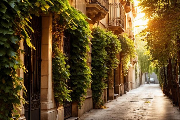 una calle con un edificio con vides que crecen en él y un edificio con un balcón con un Balcón en el fondo