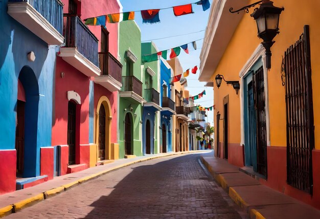 una calle con edificios coloridos y una bandera colgando de ella