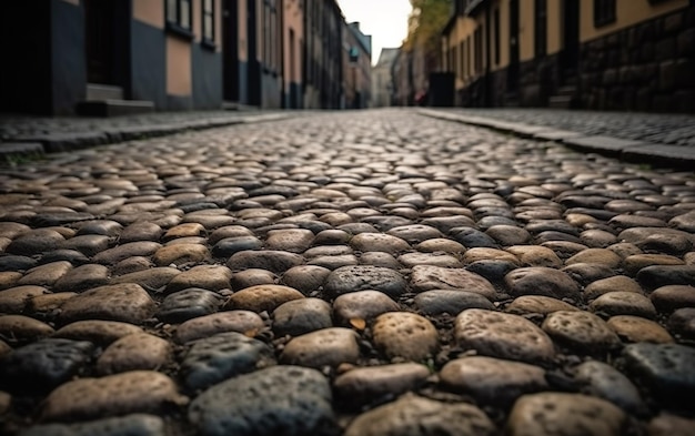 Una calle empedrada con un pavimento de piedra en primer plano.