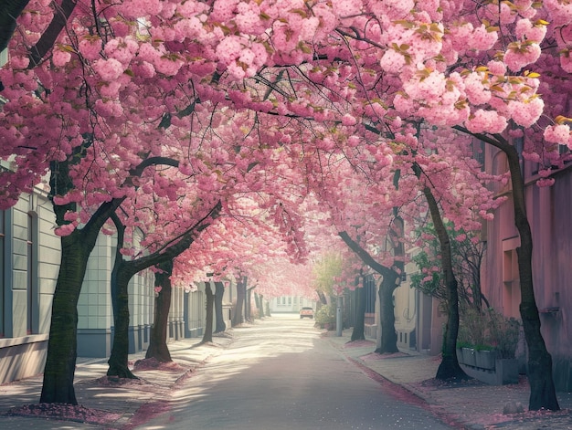 La calle está bordeada de árboles de cerezo rosados en flor
