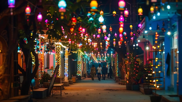 Una calle está iluminada con luces de colores durante un festival