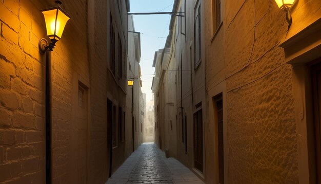 Foto una calle estrecha con una lámpara a un lado de ella.