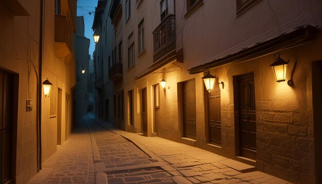 Foto una calle estrecha con una lámpara a un lado de ella.