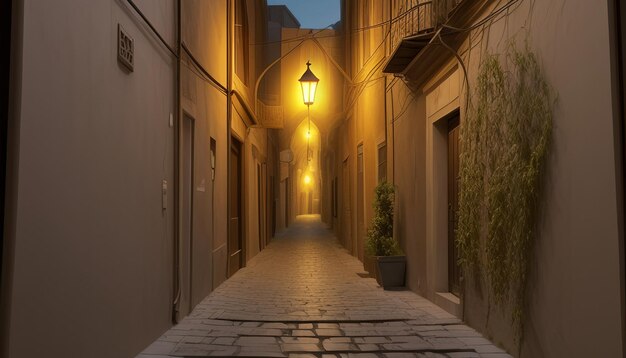 Foto una calle estrecha con una lámpara a un lado de ella.