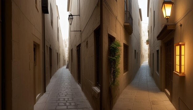 Foto una calle estrecha con una lámpara a un lado de ella.