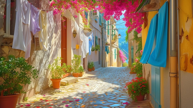 Una calle estrecha en una pequeña ciudad italiana La calle está alineada con casas de colores y hay flores colgando de los balcones
