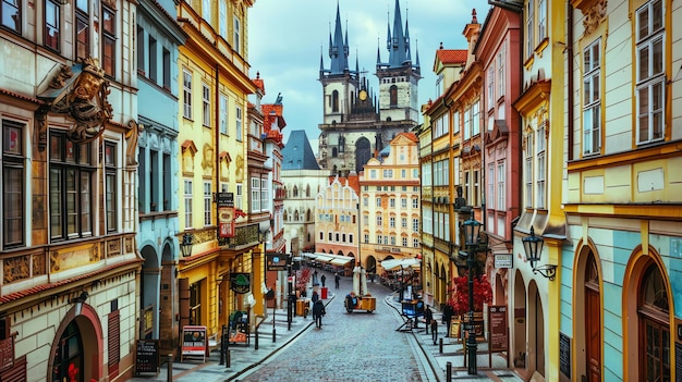 Foto una calle estrecha en praga, república checa, con vista a la iglesia de tyn