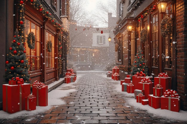 Una calle estrecha con regalos rojos y luces de Navidad