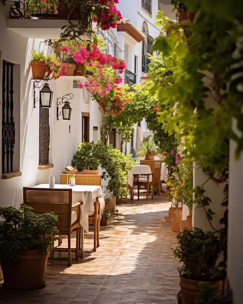 Foto una calle estrecha y serena adornada con plantas en maceta