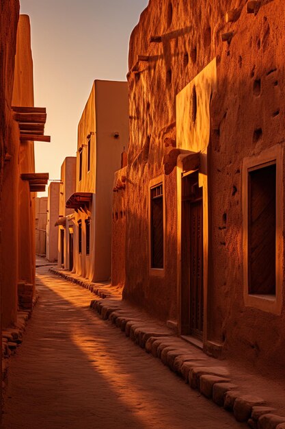 Foto una calle estrecha con un sol brillando en el lado de ella