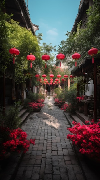 Una calle con un farol rojo colgando del techo.