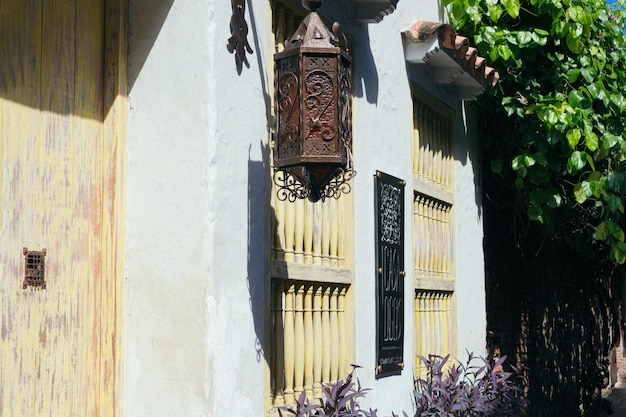 Calle con farolas y plantas trepadoras en cartagena de indias colombia