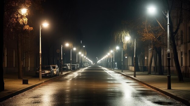 Una calle con una fila de farolas generativas ai.