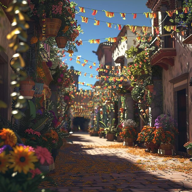 Foto una calle con flores y banderas colgantes que dicen 