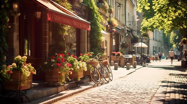 Una calle con flores y bicicletas frente a un café.