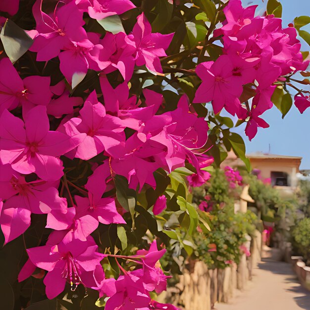 una calle con flores y un edificio en el fondo