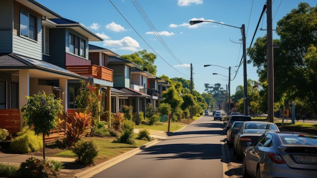 Calle con hilera de casas en un suburbio de Melbourne, Australia
