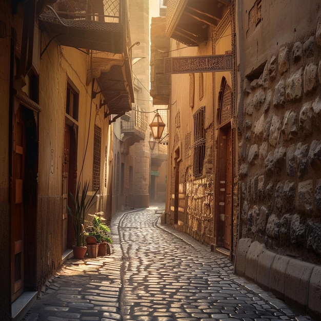 Calle histórica en el Cairo copto con calle de adoquines y poste de lámpara