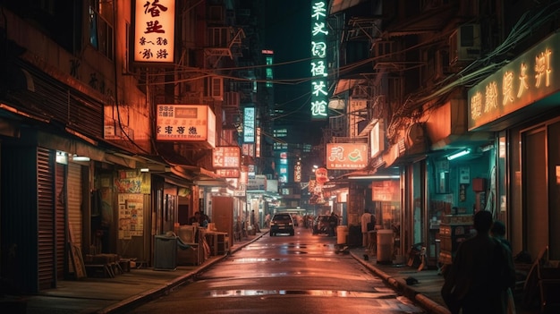 Una calle en hong kong con un letrero de neón que dice 'z'