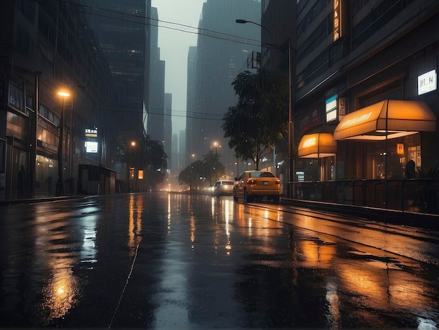 una calle húmeda con coches y edificios en el fondo en la noche