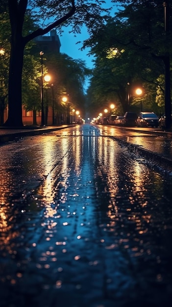 Foto una calle húmeda con una luz de calle y una luz de calle.