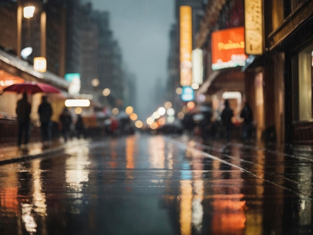 una calle húmeda con personas caminando por ella por la noche con paraguas