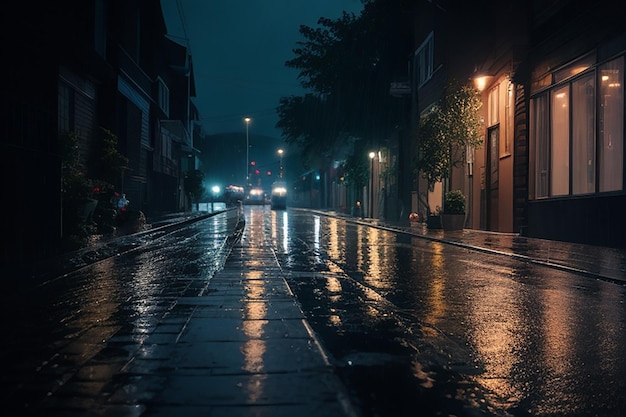 La calle iluminada de la ciudad se refleja en el agua húmeda del canal