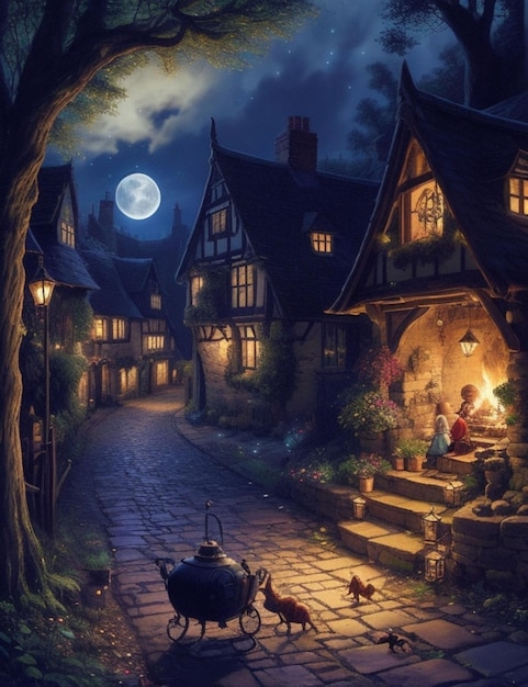 Una calle iluminada por la luna en Inglaterra repleta de actividad de los diminutos kobolds y las hermosas campanillas