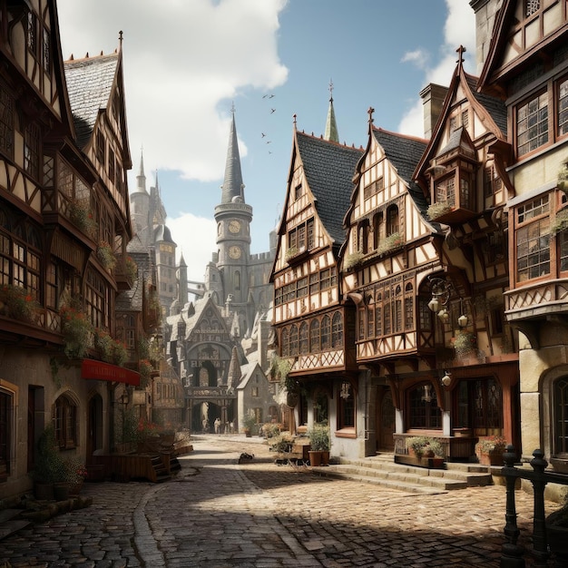 Calle de inspiración medieval con edificios y torres antiguas