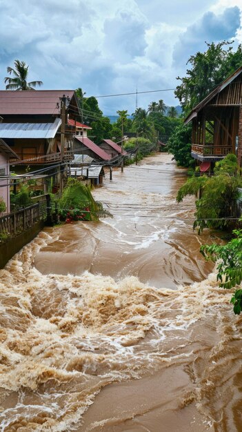 Foto una calle inundada con casas a ambos lados