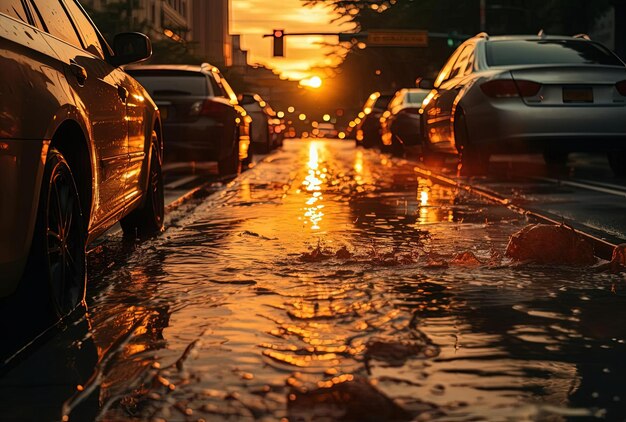 calle inundada con coches en el estilo de luz de fondo