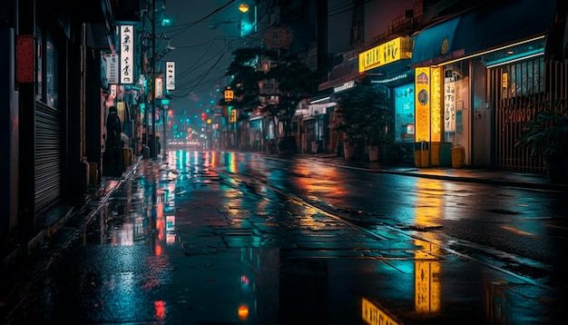 Una calle japonesa bajo la lluvia.