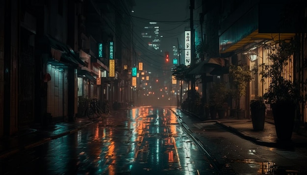 Una calle japonesa bajo la lluvia.