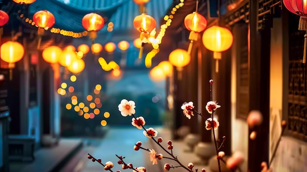 Una calle con linternas colgando del techo y un árbol con flores en ella