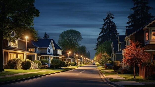 La calle llena de casas y árboles por la noche