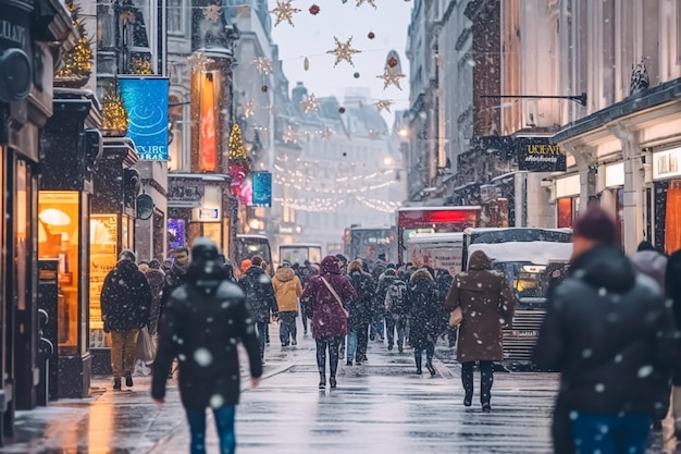 Calle llena de gente durante las compras navideñas nevando el invierno en la ciudad ai generativo posprocesado