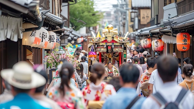 Una calle llena de gente en Japón durante un festival La gente lleva ropa tradicional japonesa y lleva un mikoshi un santuario portátil