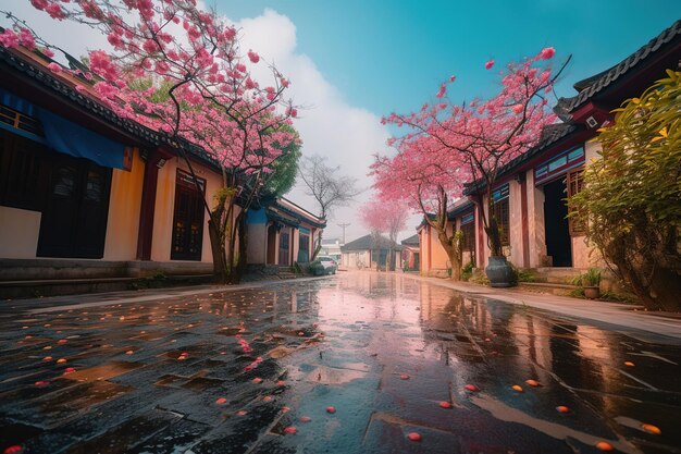 Una calle bajo la lluvia con flores rosas.