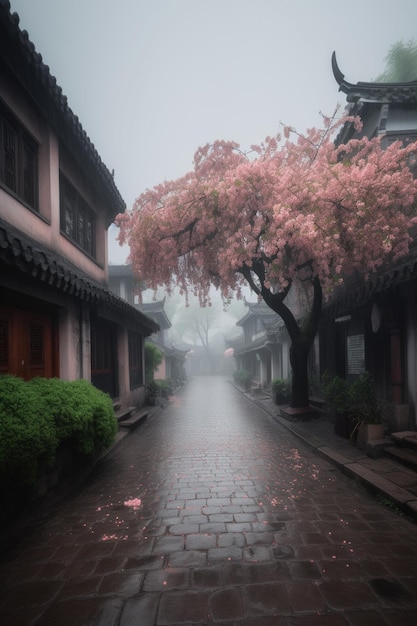 Una calle lluviosa con un árbol rosa en el medio.