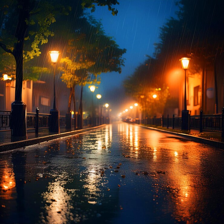 La calle lluviosa con luces callejeras y acera