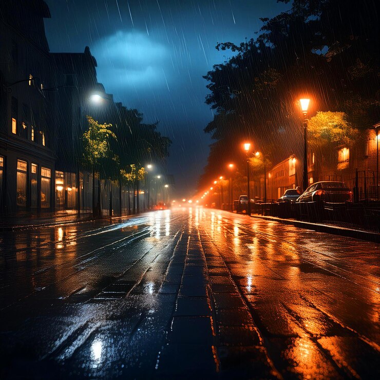 La calle lluviosa con luces callejeras y acera