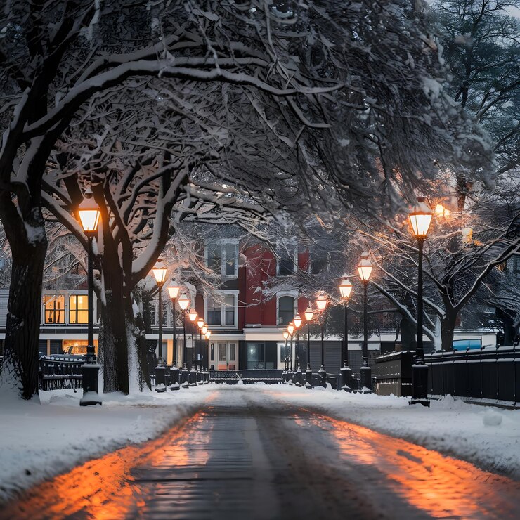 una calle con luces y un edificio con una calle cubierta de nieve en el fondo
